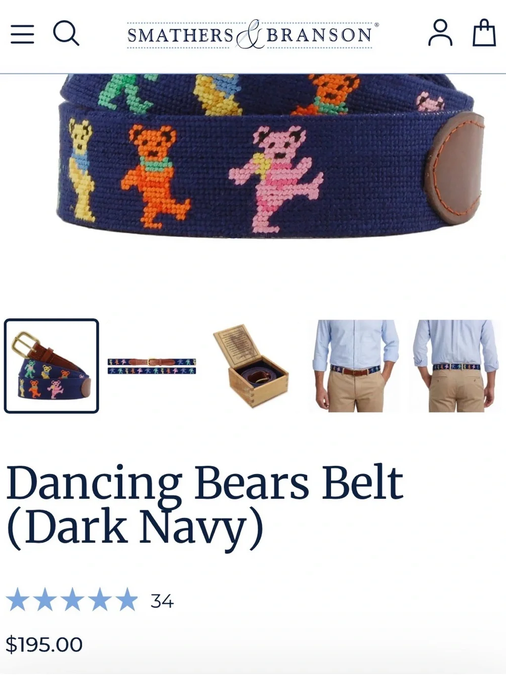 Smathers & Branson Italian Leather & Hand-Stitched Dancing Bears Men’s Belt - 38